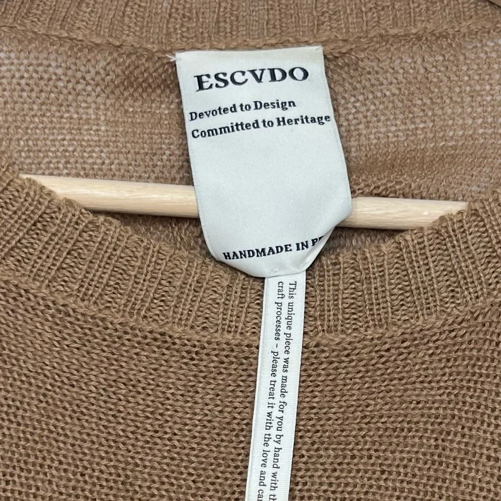 Escvdo Hand Wool Shoulder Embroidered Knit Sweater Brown Size Small